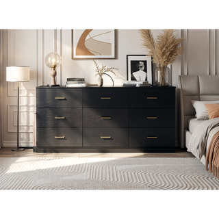 Sunvega Modern Black 9-Drawer Dresser with Golden Handles for Bedroom Storage