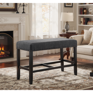 Sunvega Grey Linen and Cotton Fabric Pub Dining Bench with Nailhead Trim