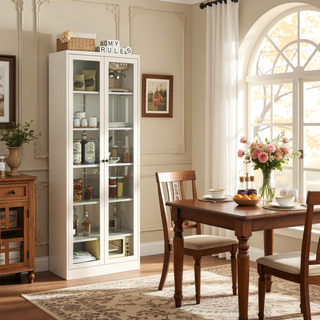 Sunvega Heavy-Duty Metal Pantry Cabinet with 5 Adjustable Shelves and Glass Door