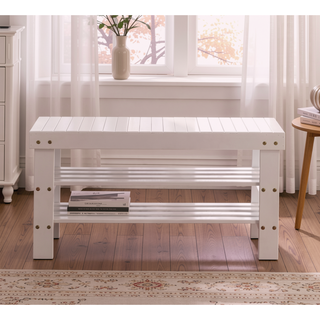 Sunvega Solid Wood White Finish Shoe Bench with Plastic Leveler Legs