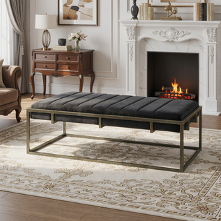 Sunvega Modern Velvet Ottoman Bench with Plush Channel Pleating and Brass Finish