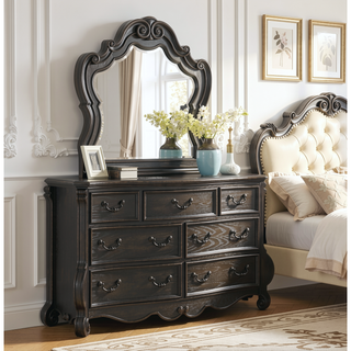 Sunvega Dark Brown Dresser with Antique Finish and Seven French Dovetail Drawers