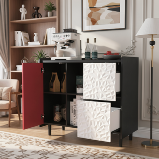 Sunvega Black and Red Modern Sideboard Buffet Cabinet with 2 Drawers