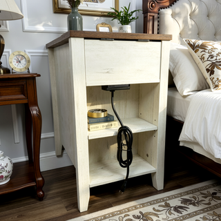 Sunvega Farmhouse End Table with Charging Station, Barn Door, and Drawer for Bedroom