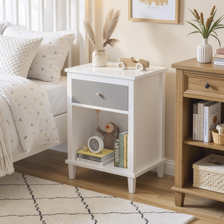 Sunvega White and Golden Kids Wooden Nightstand with One Drawer and Shelf