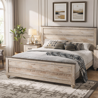 Sunvega White Wash Finish Queen Bedroom Set with Dresser Mirror and Nightstands