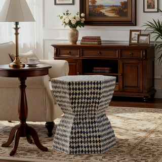 Sunvega Blue Capiz Inlay Tapered Hexagon Accent Stool for Bedrooms