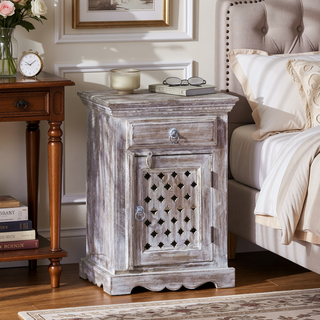 Sunvega Handcrafted Mango Wood Nightstand with Washed Finish Drawer and Cabinet