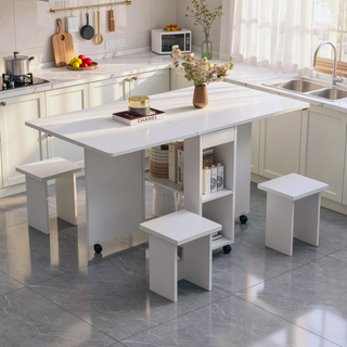 Sunvega White Folding Drop Leaf Dining Table Set with 4 Chairs and Storage