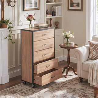 Sunvega Weathered Light Oak Finish Wood Chest with 5 Drawers and Industrial Caster Wheels