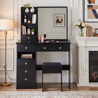 Sunvega Small Size Left Drawer Vanity Table with Cushioned Stool and Sliding Mirror