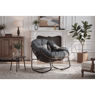 Sunvega Oversized Outdoor Rattan Rocking Chair with Padded Cushion and Steel Frame