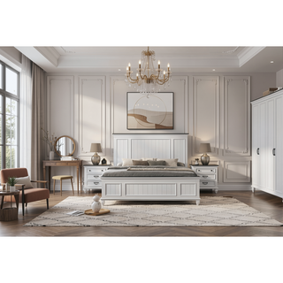 Sunvega Modern Farmhouse King Bedroom Set with Dresser Mirror and Two Nightstands