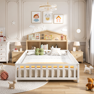 Sunvega Natural Wooden Montessori Floor Bed Frame with Fence and Door for Kids