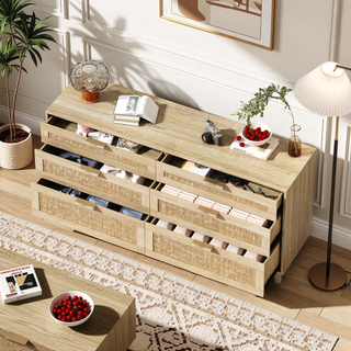 Sunvega 6 Drawer Rattan Dresser with Metal Handle and Wood Legs for Bedroom Storage