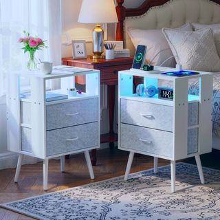 Sunvega Modern Nightstand with Charging Station, LED Light and Fabric Drawers