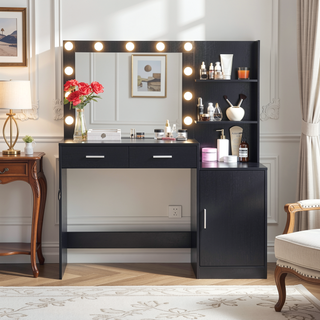 Sunvega Black 46.4 Inch Vanity Desk with Mirror Lights and Large Drawers