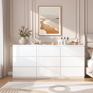 Sunvega Modern White 9 Drawer Storage Dresser with No Handles for Bedroom Living Room