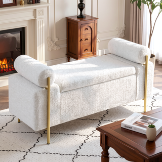 Sunvega Elegant Upholstered Linen Storage Bench with Cylindrical Arms and Iron Legs