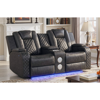 Sunvega Faux Leather Power Reclining Loveseat with LED Lighting and USB Ports