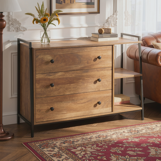 Sunvega Industrial Brown Dresser with Three Drawers and Two Open Shelves
