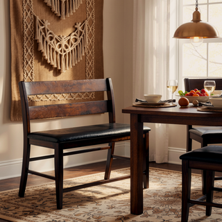 Sunvega Cherry Finish Wood Frame Bench with Dark Brown Faux Leather Upholstered Seat
