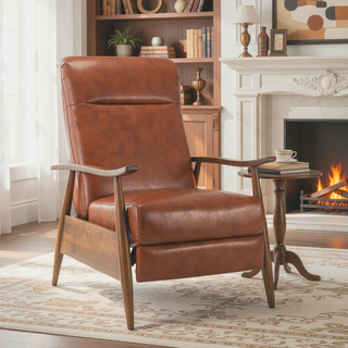 Sunvega Modern Chestnut Brown Wood Arm Push Back Recliner in Caramel