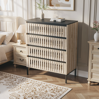 Sunvega Modern Minimalist Black Teak 4 Drawer Storage Cabinet with Slatted Design