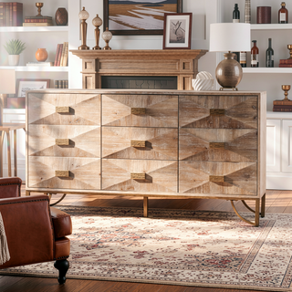 Sunvega Light Wood 6-Drawer Dresser with Geometric Relief and Gold Metal Legs