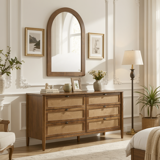 Sunvega Rubberwood Bedroom Set with Queen Upholstered Bed Dresser Mirror Nightstands
