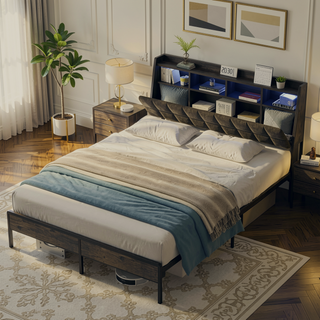 Sunvega Full Bed Frame with Ergonomic Headboard Multi-Space Storage and RGB LED Lights