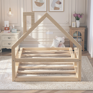 Sunvega Natural Wood Floor Bed with House-Shaped Headboard for Kids Room