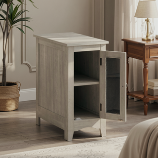 Sunvega Narrow Accent Side Table with Closed Cabinet and Metal Knob in Washed Grey Veneer