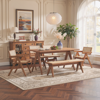 Sunvega Mid-Century Modern Rattan Bench with Natural Finish for Kitchen Dining