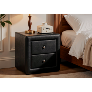 Sunvega Upholstered Black Leather Look Nightstand with Two Storage Drawers