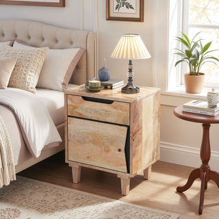 Sunvega Natural Wood Nightstand with Storage Drawer and Cabinet for Bedroom