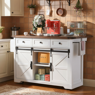 Sunvega Farmhouse Kitchen Island with Power Outlet Sliding Barn Doors and Drop Leaf