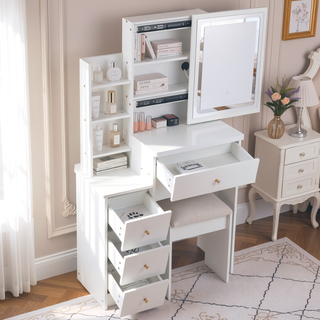 Sunvega Small Space Left Bedside Cabinet Vanity Table with Cushioned Stool and Sliding Mirror
