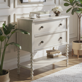 Sunvega Antique Cream Nightstand with Turned Legs and Natural Whitewash Look