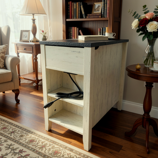 Sunvega Farmhouse End Table with Charging Station, Barn Door, and Drawer for Bedroom