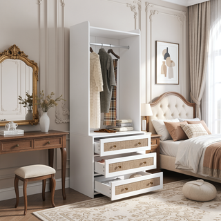 Sunvega White Rattan Wardrobe Armoire with 3 Drawers and Anti-Tip for Bedroom