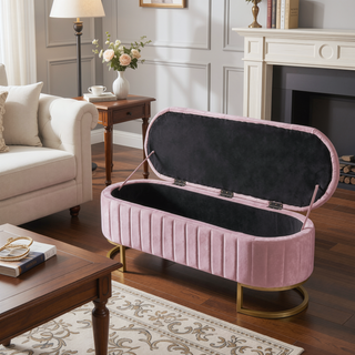 Sunvega Elegant Upholstered Velvet Storage Ottoman with Button-Tufted Design and Metal Legs