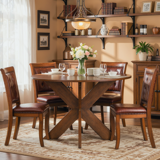 Sunvega Modern Farmhouse Round Dining Table in Cherry for Kitchen Seating 5