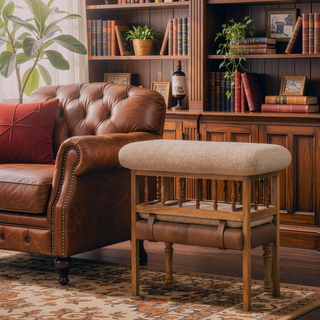 Sunvega Handcrafted Solid Mango Wood Bench with Boucle and Leather Upholstery