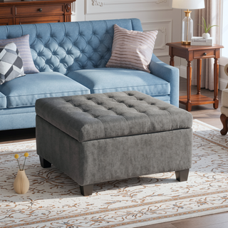 Sunvega Fabric Ottoman with Tufted Waffle Lid and Soft-Closing Hinges for Storage