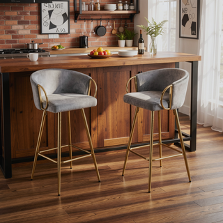 Sunvega 30 Inch Set of 2 Velvet Bar Stools with Chrome Footrest and Golden Leg