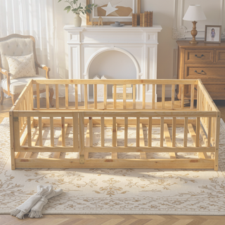 Sunvega Full Size Montessori Floor Bed with Fence Door and Slats for Kids