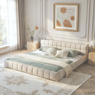 Sunvega King Size Upholstered Bed Frame with Thick Chenille Fabric Headboard
