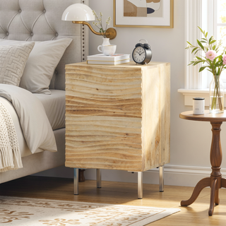 Sunvega Mango Wood Nightstand with Wave Design Cabinet Door and Shelving