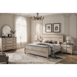 Sunvega White Wash Finish King Bedroom Set with Dresser Mirror Nightstand Chest